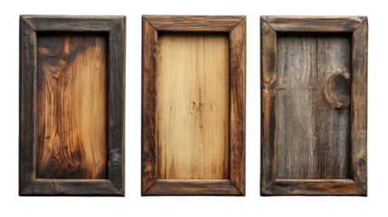 Rustic Wood Textures: Close-up shot showcasing a set of three weathered wooden panels, each exhibiting unique grain patterns, knots, and a rustic charm.