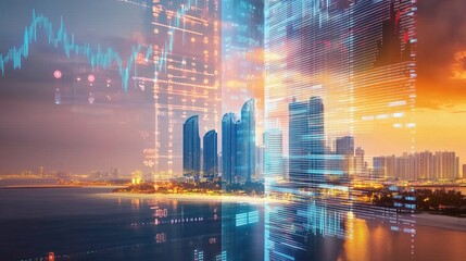 Dynamic City Skyline with Digital Data Overlays at Sunset Enhancing Technological Advancement