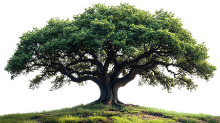 Obraz premium Majestic Oak on a Grassy Knoll: A stately oak tree, its sprawling branches laden with vibrant green leaves, stands prominently atop a grassy knoll.