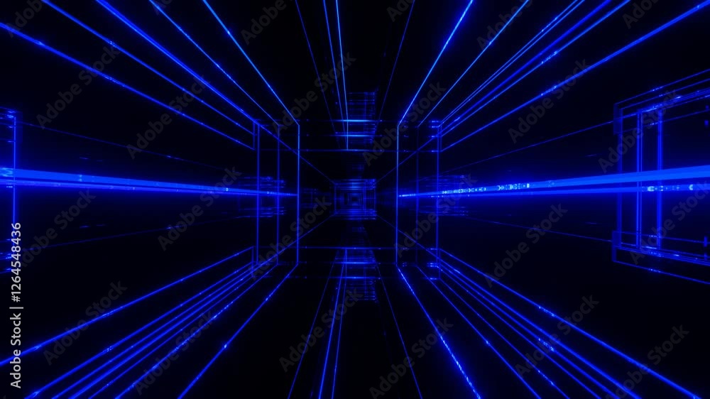 Poster endless forward movement inside abstract rotating blue glowing frames on black background. 3d render