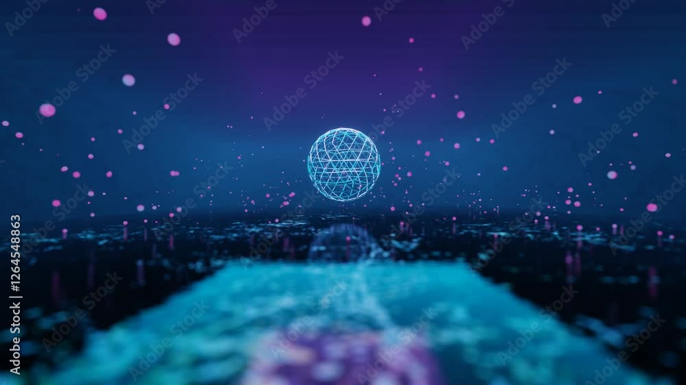 Poster endless rotation around blue wireframe sphere in dark room with flying purple particles. 3d render l