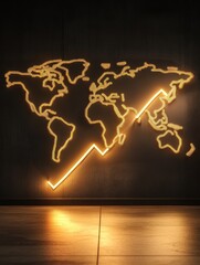 Business chart with glowing arrows and world map 3D Render