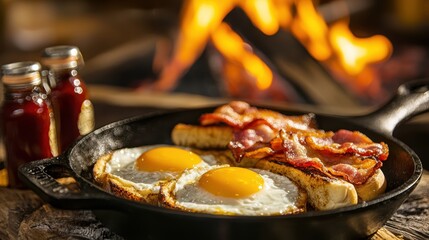 Fototapeta premium Delicious breakfast skillet with fried eggs, crispy bacon, and toasted bread by a warm campfire, perfect for outdoor cooking lovers.