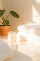 Soft towels arranged neatly beside lit candle and potted plant i