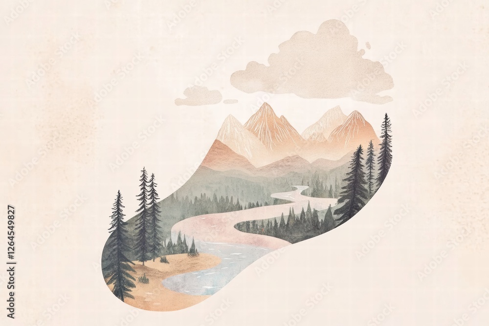 Poster serene river winding through mountains with soft clouds and pine trees under a gentle pastel sky sce