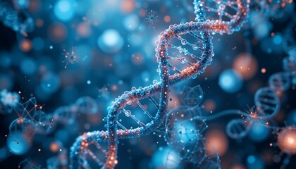 Futuristic glowing DNA helix strand in blue background, symbolizing genetics and biotechnology
