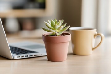 Succulent plant in pot beside coffee cup and laptop on wooden ta