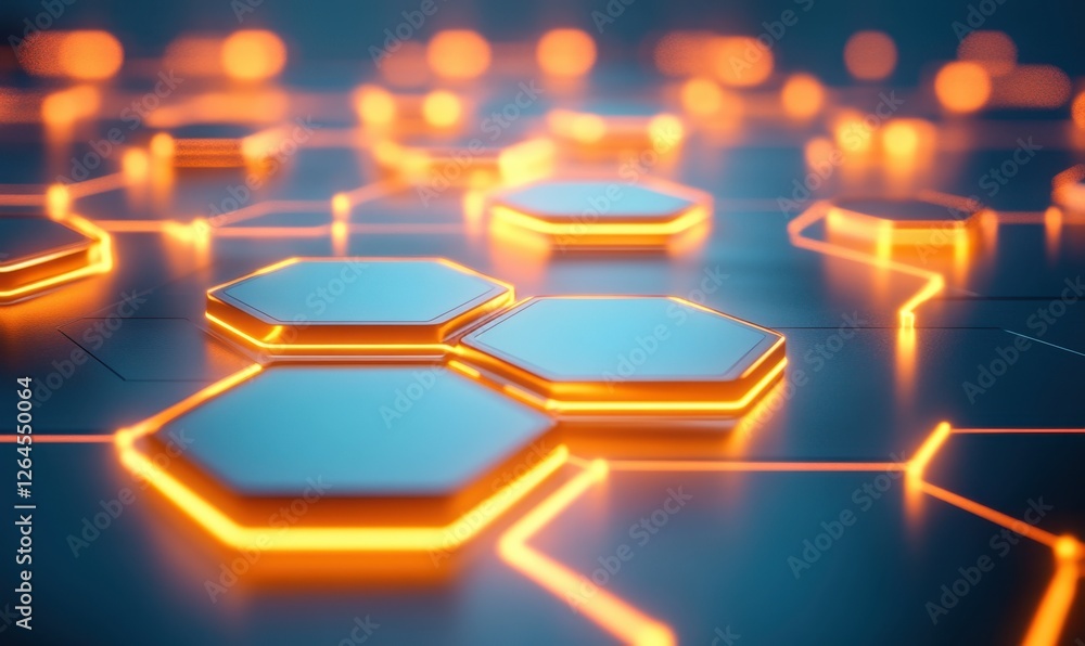 Poster glowing hexagonal shapes interconnected in a network background for tech usage