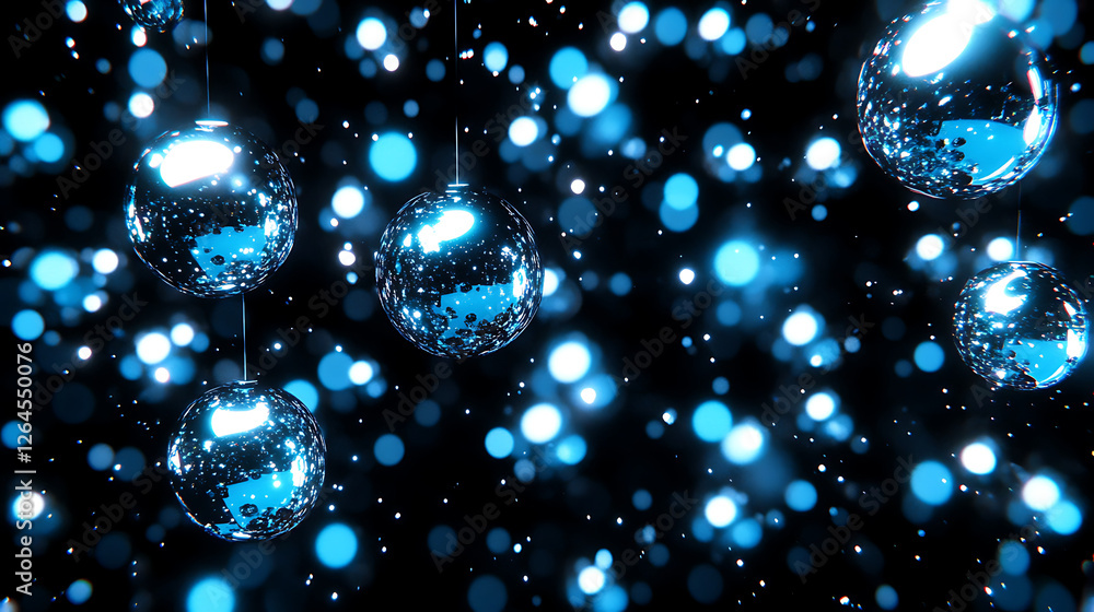 Poster reflective disco balls adorned with sparkling bokeh lights creating a festive ambiance in the dark