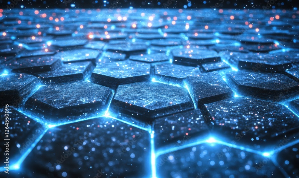 Poster glowing hexagonal network, futuristic technology, abstract background, data visualization, tech conc