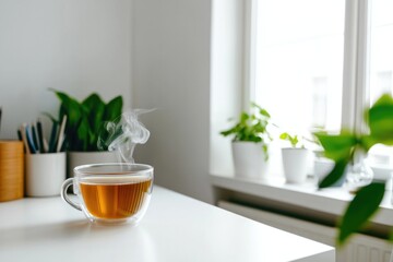 Warm tea cup sits on minimalistic desk surrounded by vibrant gre