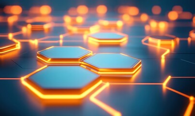 Glowing hexagonal shapes interconnected in a network background for tech usage
