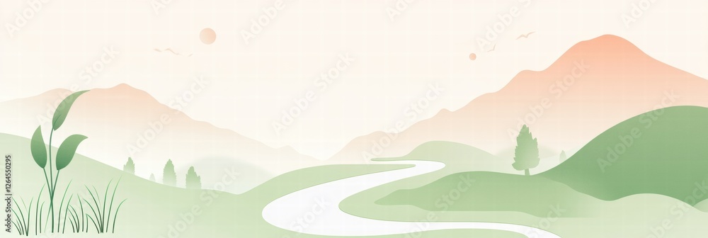 Poster peaceful landscape with rolling hills and winding path in a calm setting during dawn. generative ai