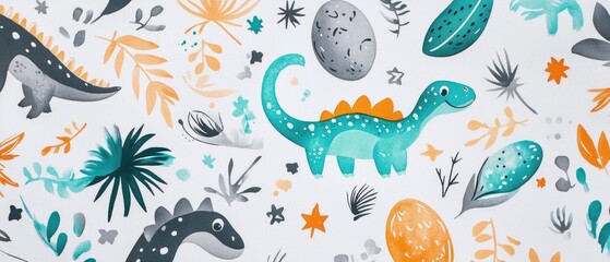 Obraz premium Dinosaur patterns for kids room decor, playful illustrations of dinosaurs, eggs, and foliage in vibrant colors for nursery and childrens design projects.