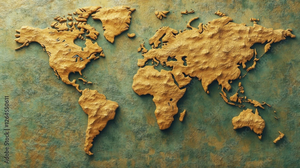 Poster a simplified representation of a world map. vector style, 3d rendering, world map bas-relief vector 