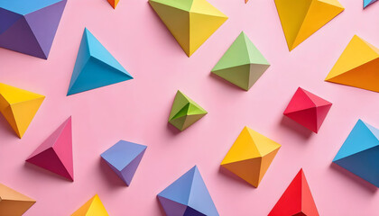 Colorful geometric shapes, Origami paper pyramids, Pastel pink 