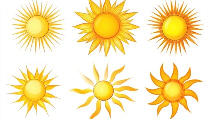 Summer flat sun logo. Yellow suns circles, bright natural lighting objects. Heating sunshine, isolated spring warm season utter vector symbols