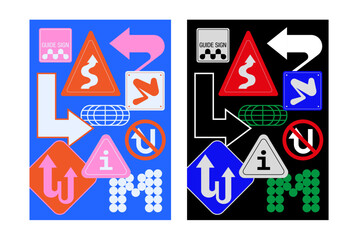 Road sign traffic guide sign arrow set geometry shape info sign earth icon graphic design vector useful poster flyer cover banner artwork web trendy creative unique style