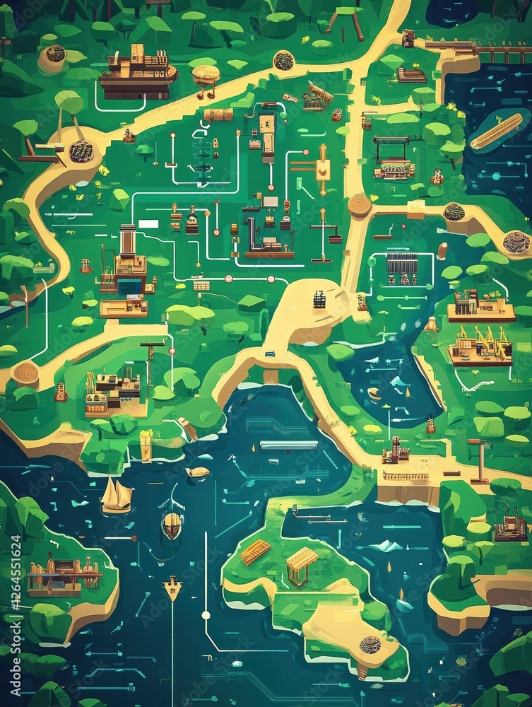 Poster digital circuit board treasure map - cartoon style website background illustration with tech element