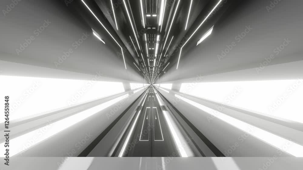 Poster endless forward movement inside abstract grey corridor with white backlight. 3d render looped animat