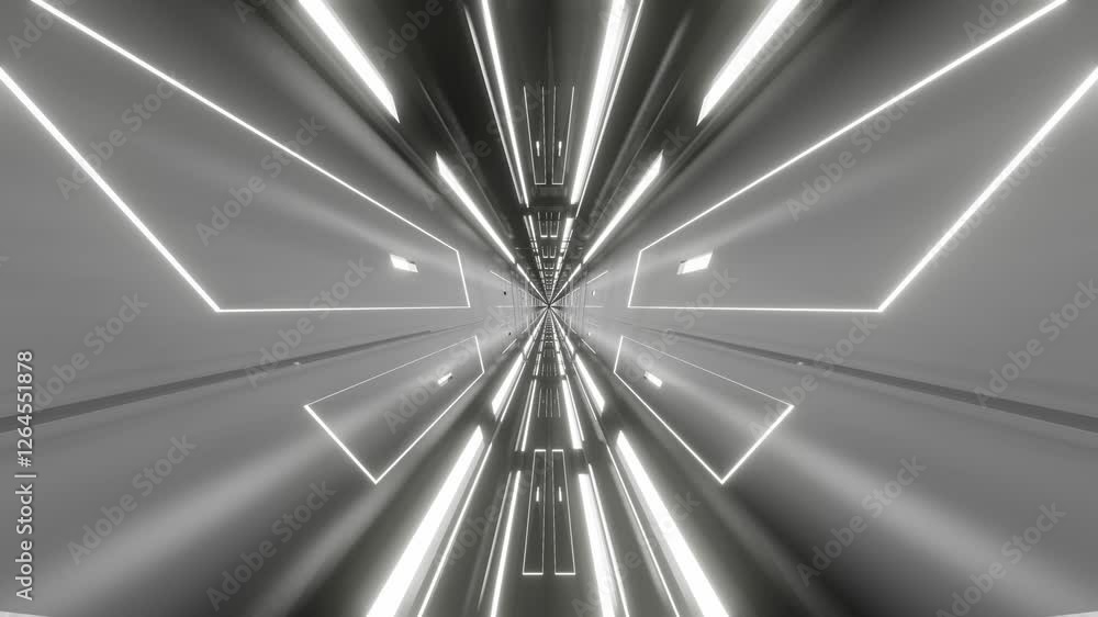 Poster endless forward movement inside abstract grey corridor with white backlight. 3d render looped animat
