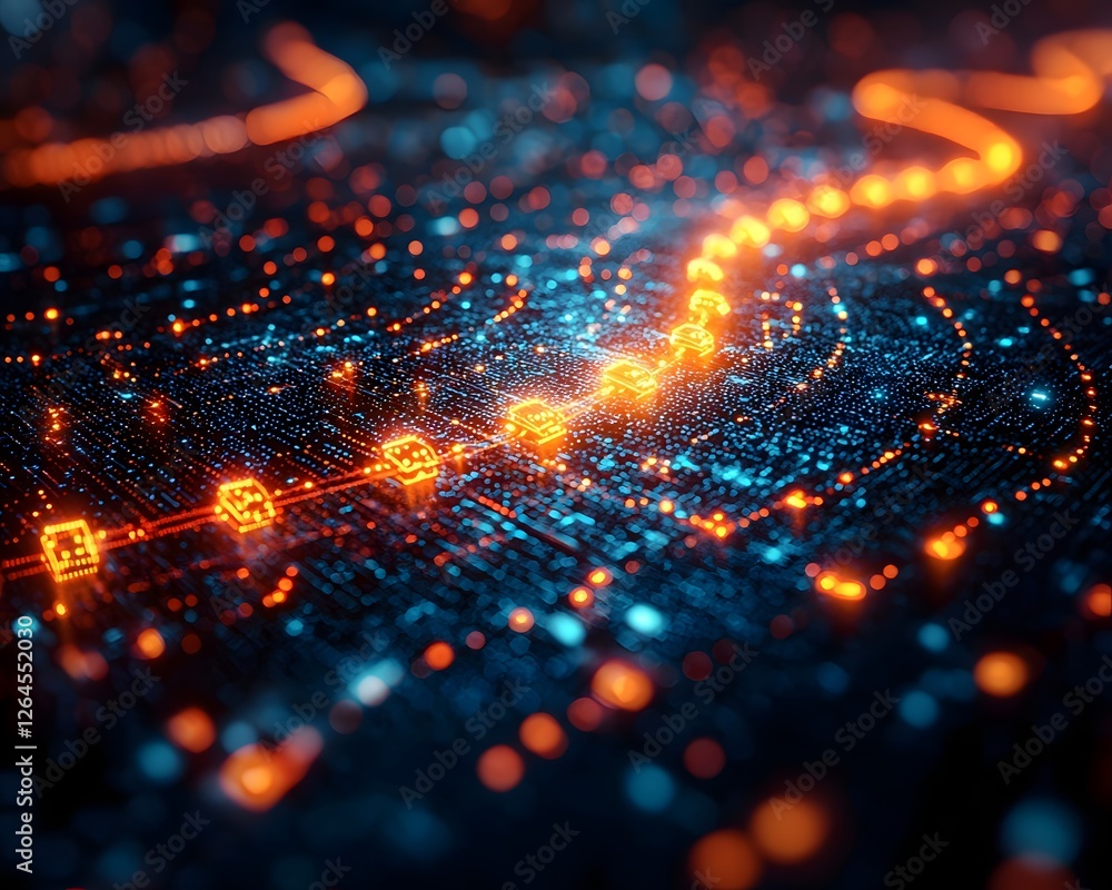 Poster glowing blockchain network overlaying supply chain visualization symbolizing transparency and busine