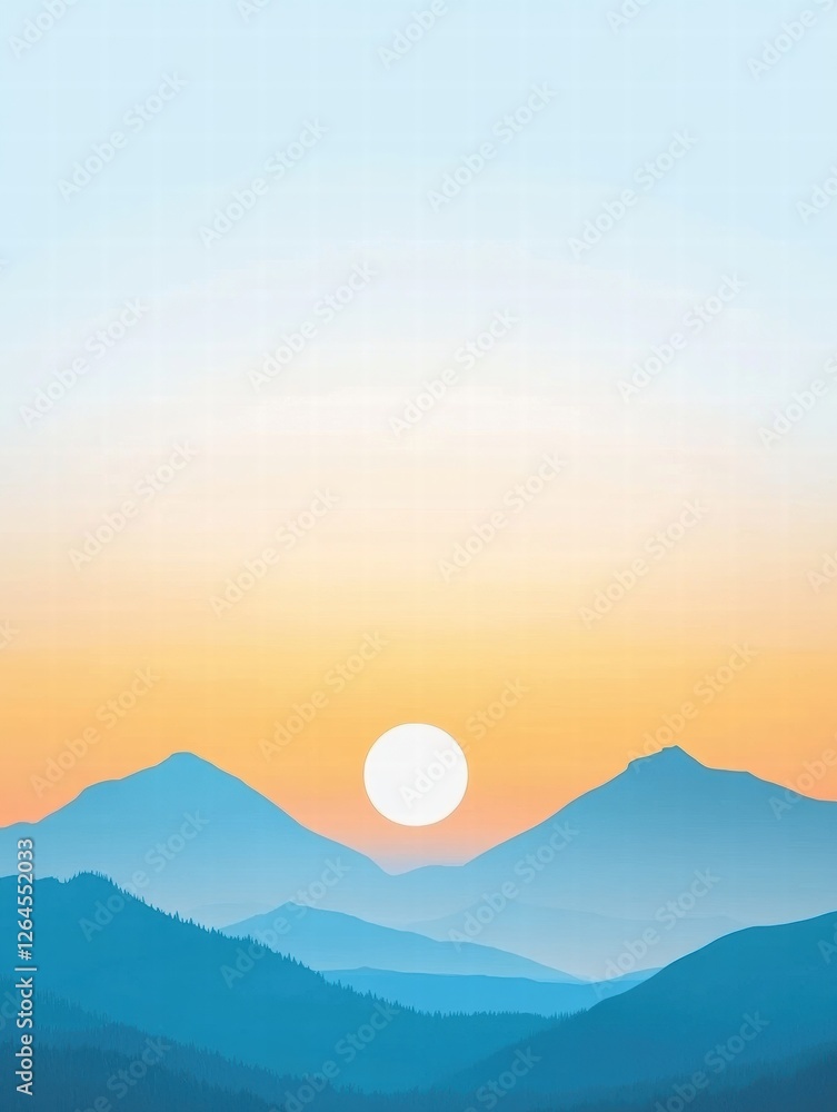 Poster sunset view over mountain range with soft hues and misty landscape during twilight hours. generative