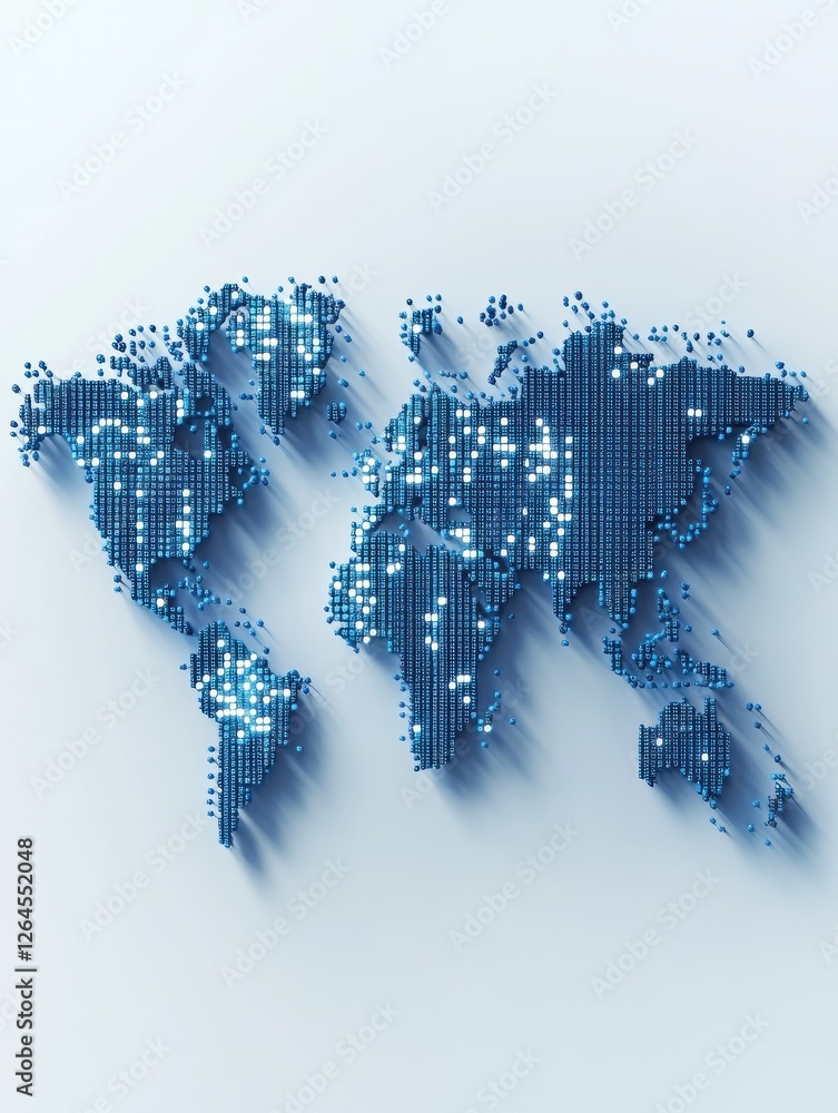 Aufkleber a blue pixelated world map is depicted on a white background with light gradient effects, representi