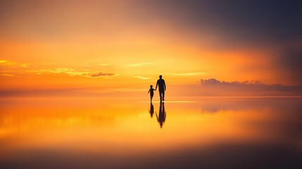 Father and child walking on reflective water at sunset, beautiful landscape with vibrant colors, silhouette of family bonding in nature