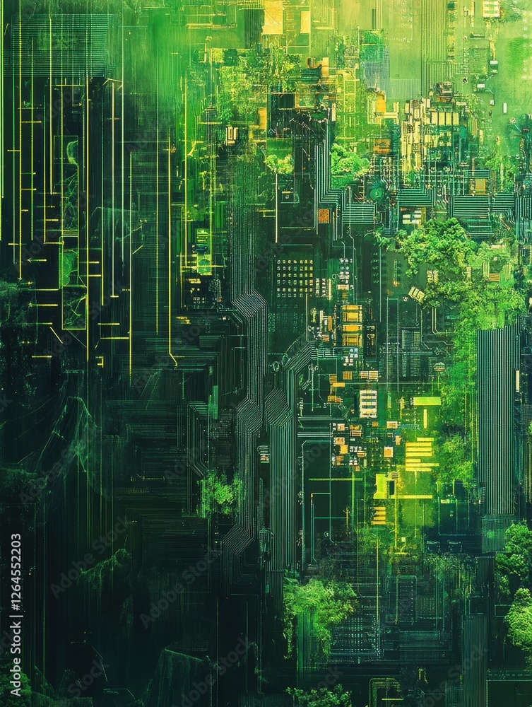 Poster create an abstract technological background resembling a digital circuit board.