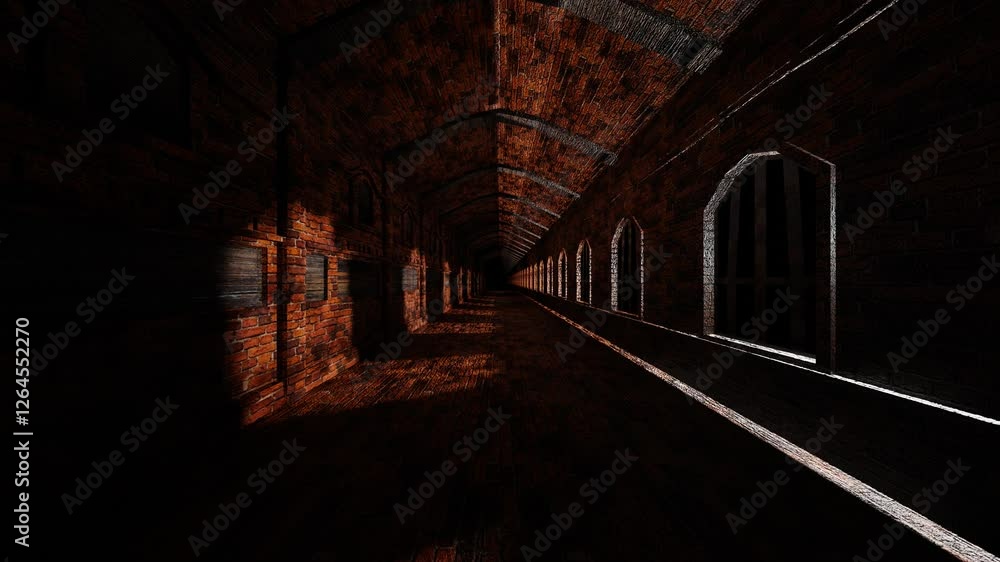Aufkleber endless forward movement inside a brick fortress with windows. 3d render looped animation.