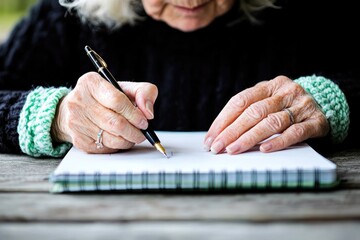 Elderly hands delicately holding pen, capturing thoughts on blan
