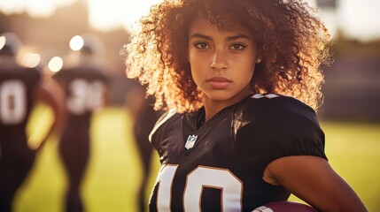 Female football player in action with teammates on the field, showcasing strength, determination, and athletic performance during a game.