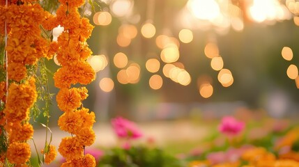 Naklejka premium Festive orange marigold flowers with bokeh lights in a garden setting, perfect for celebrations, weddings, and vibrant floral decorations