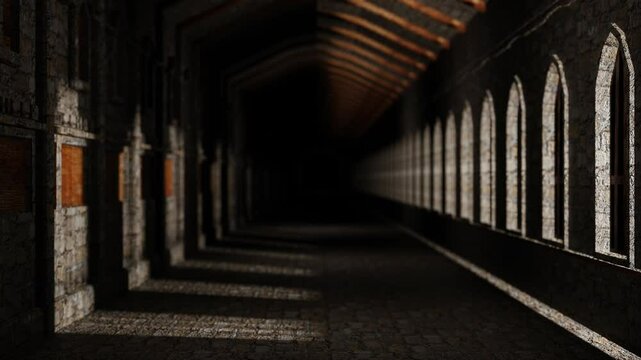 endless forward movement inside a gray concrete block fortress with windows. 3d render looped animation.