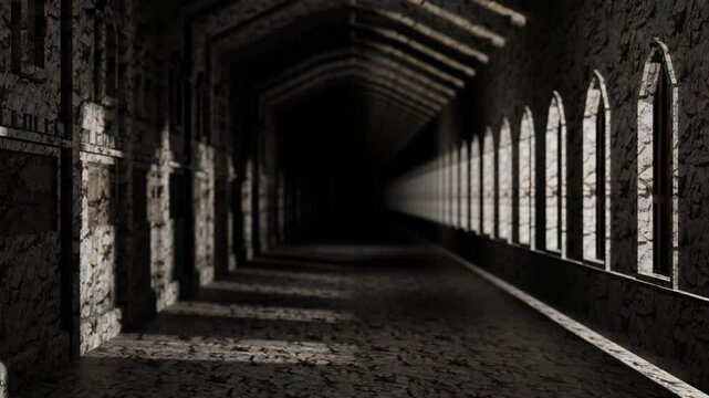 endless forward movement inside a gray concrete block fortress with windows. 3d render looped animation.
