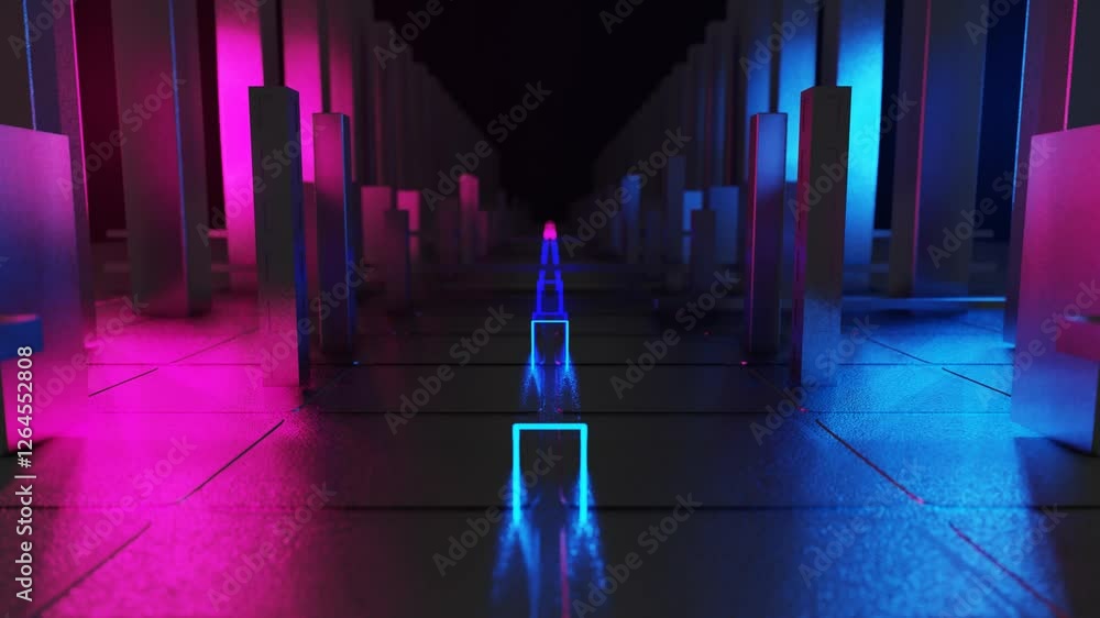 Poster forward movement against the background of an abstract animated dark composition with rectangles and