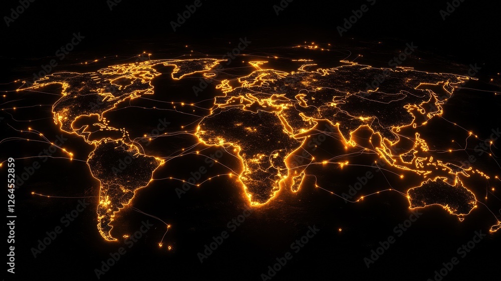 Poster 3d world map with glowing continents and network lines - global connectivity and communication conce