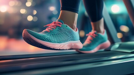 Close up of feet in running shoes on a treadmill, blurred background, high tech