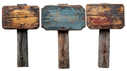Wooden Sign Trio: Three weathered, blank wooden signs stand ready to display information or direction. Their rustic charm and varied textures evoke a sense of history and potential. 
