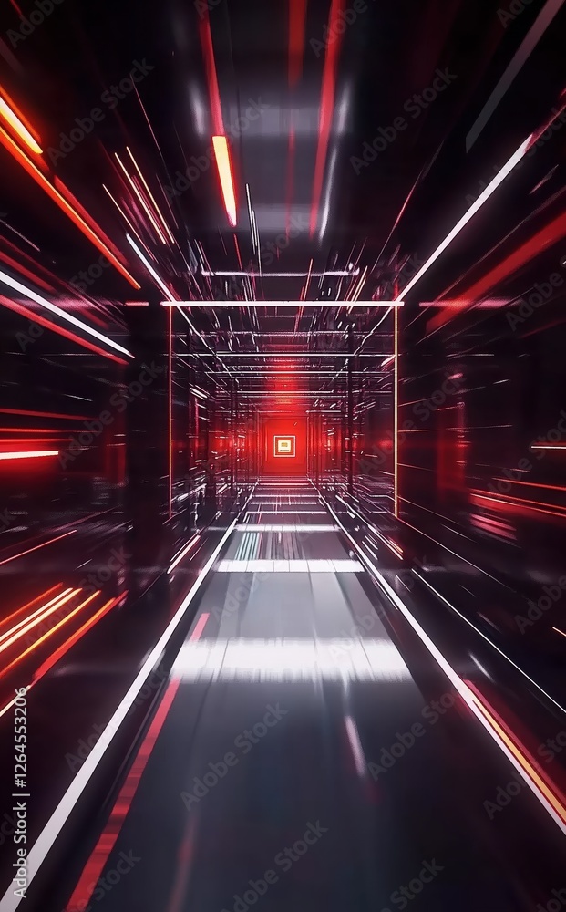 Wall mural dynamic red light beams zooming through futuristic tunnel with high-tech visuals