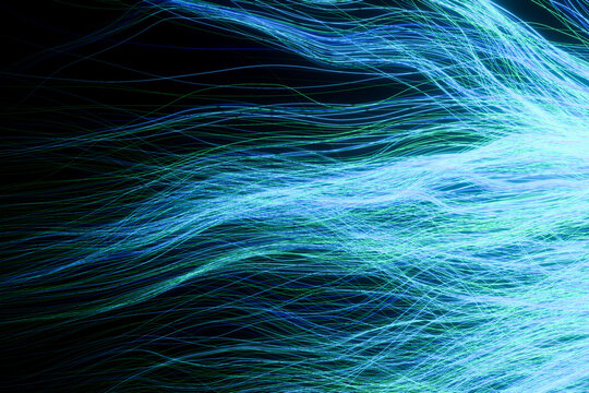 Multi colored gradient blue and green lines on dark black background. Abstract technology 3D pattern, design. Copy space.
