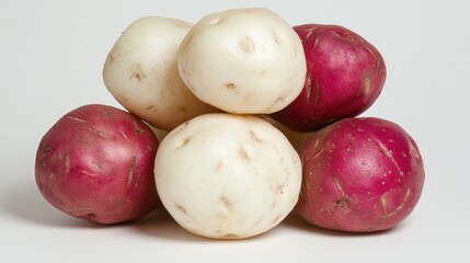 A pile of red and white potatoes arranged aesthetically on a white background.