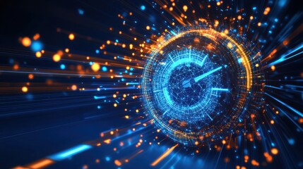 Futuristic clock speeding through digital space.