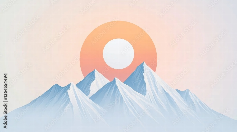 Poster mountain landscape with a large sun setting in the background at twilight creating a serene atmosphe
