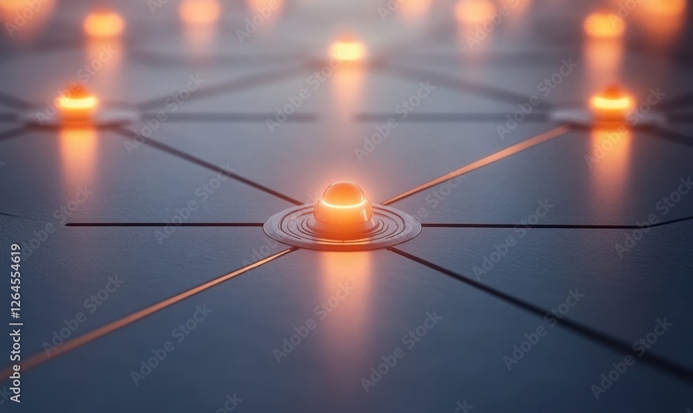 Poster glowing nodes in network grid, representing connections, future technology usage