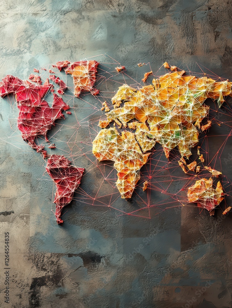 Poster networking world map texture, low poly earth map. vector global communication concept. illustration 