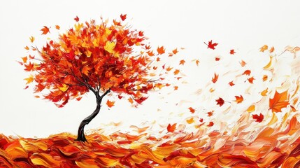 Abstract art depicts vibrant autumn leaves swirling in the wind with a lone maple tree set against a white background