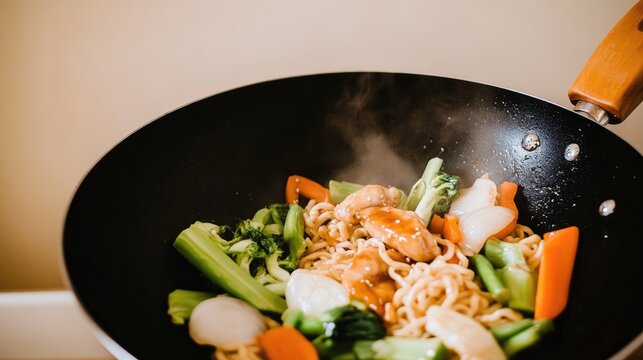Colorful vegetables and noodles sizzling in black wok create del