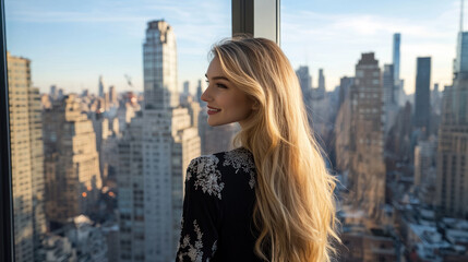 Fototapeta premium Blond business woman in black dress with embroidery smiling at office room by the window